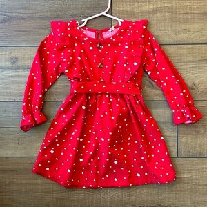 Long-sleeved kids red dress with white dots